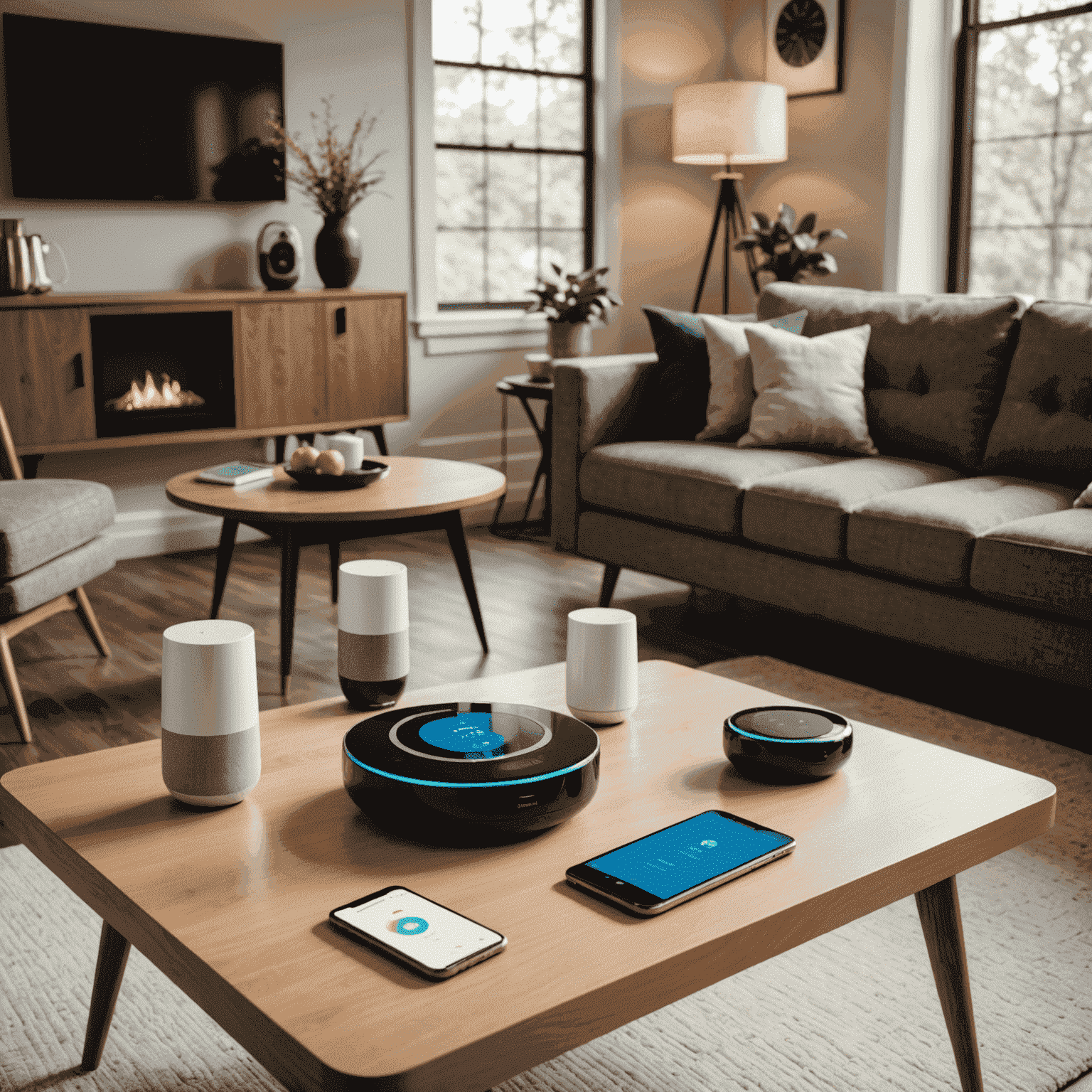 Various smart home devices including a smart thermostat, smart speaker, and smart lighting system arranged on a modern coffee table