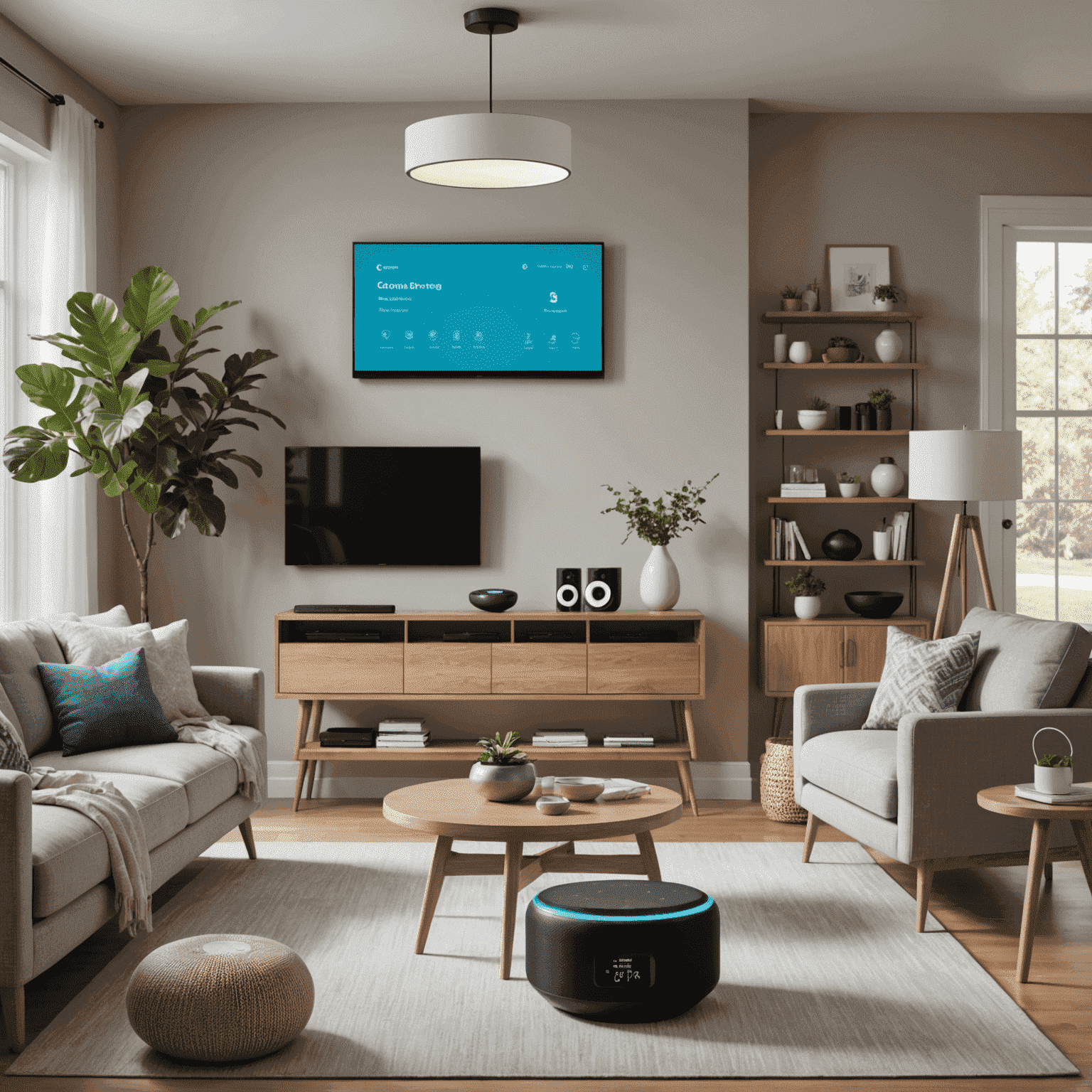 Various smart home devices including a smart speaker, thermostat, and lighting system arranged in a modern living room setting