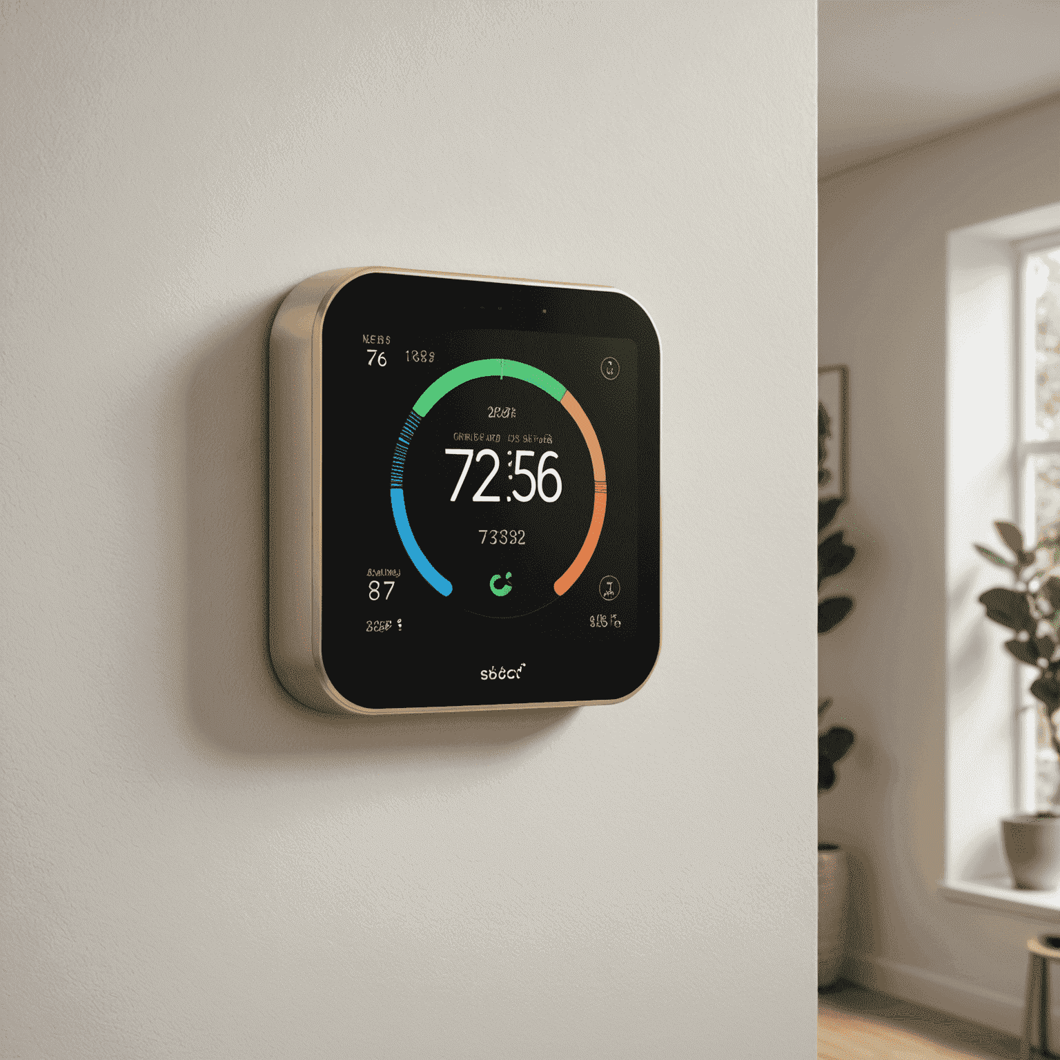 A sleek, modern smart thermostat with a touchscreen display showing temperature and energy usage statistics