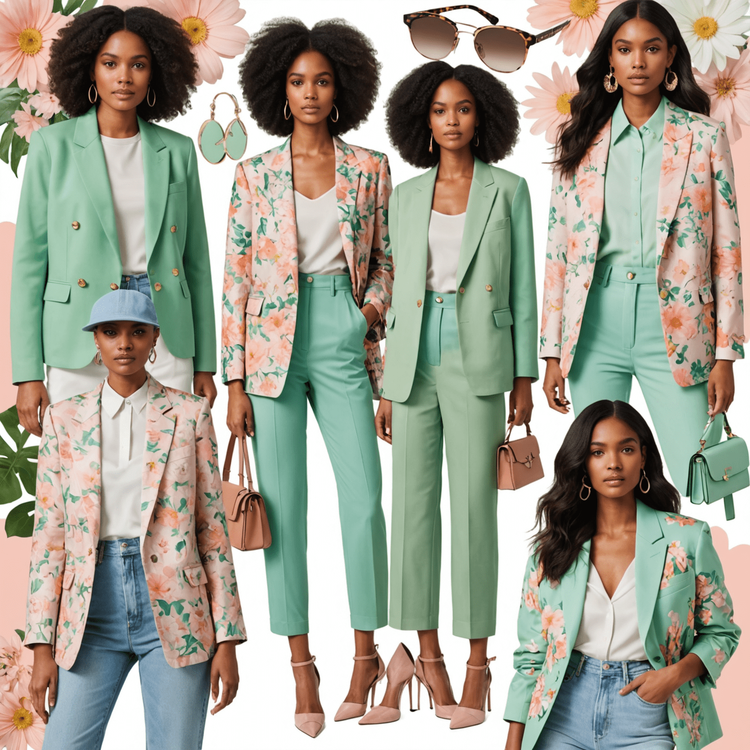 Collage of spring fashion trends: pastel colored outfits, floral prints, oversized blazers, and statement accessories