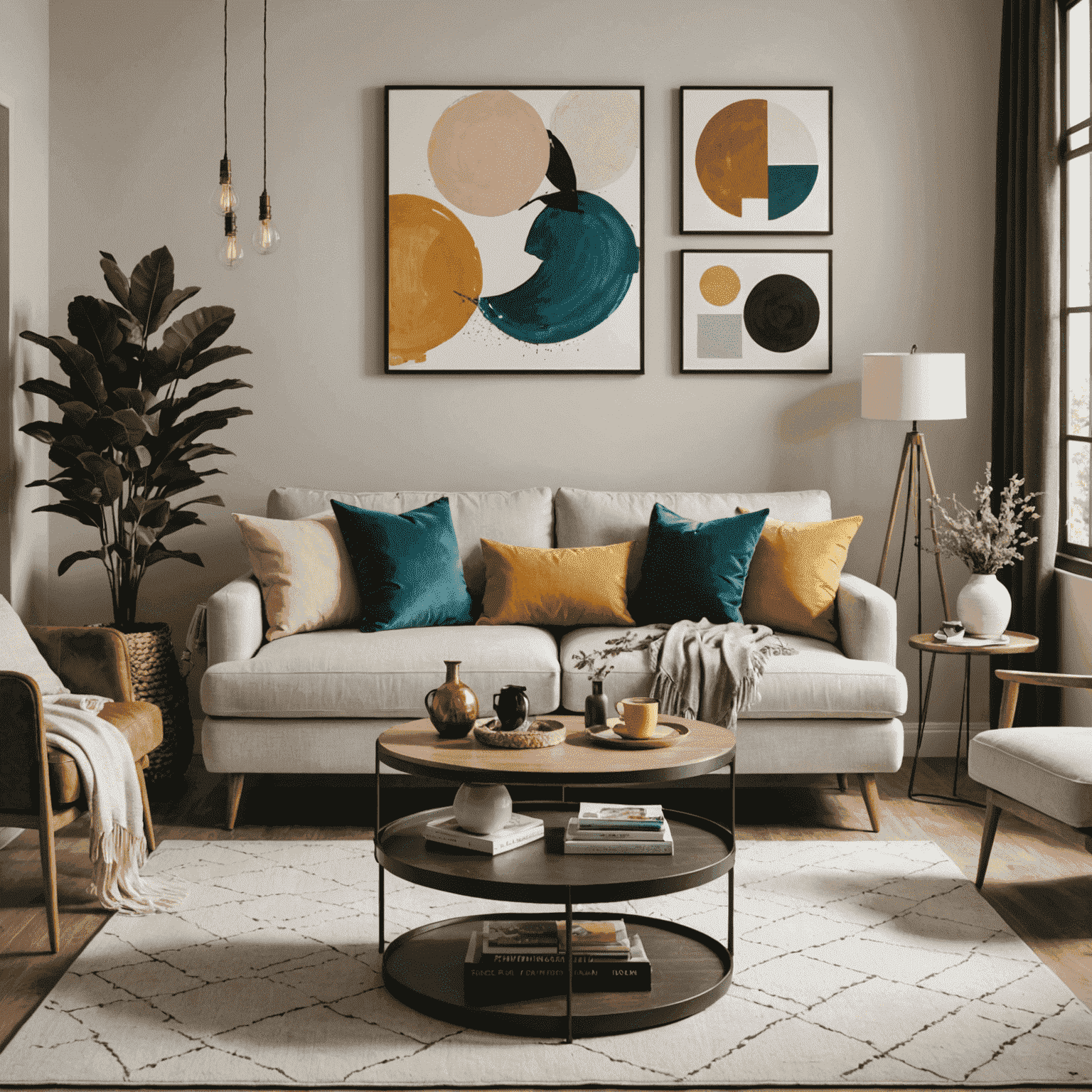 A stylish living room with affordable decor items from UrbanCart, featuring a comfortable sofa, colorful throw pillows, a sleek coffee table, and wall art