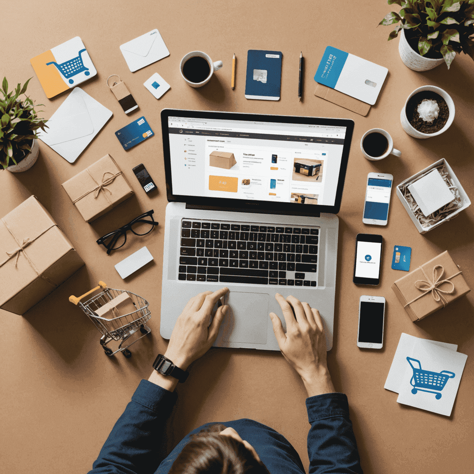A collage showing various aspects of online shopping: a person using a laptop, shopping cart icon, credit card, and delivery box