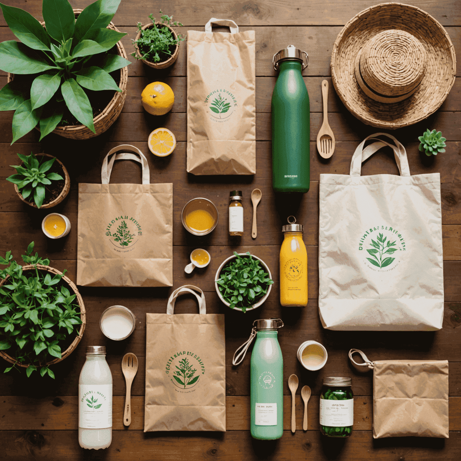 A collection of eco-friendly products including reusable water bottles, bamboo utensils, organic cotton tote bags, and beeswax food wraps arranged on a wooden table with plants in the background