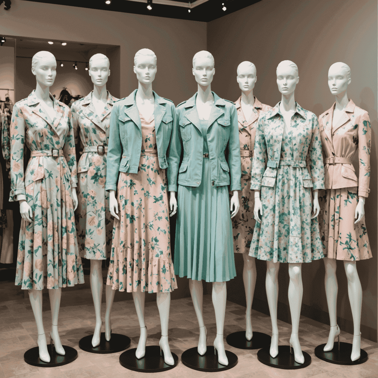 Collage of spring fashion trends including pastel colored dresses, floral prints, and lightweight jackets displayed on mannequins