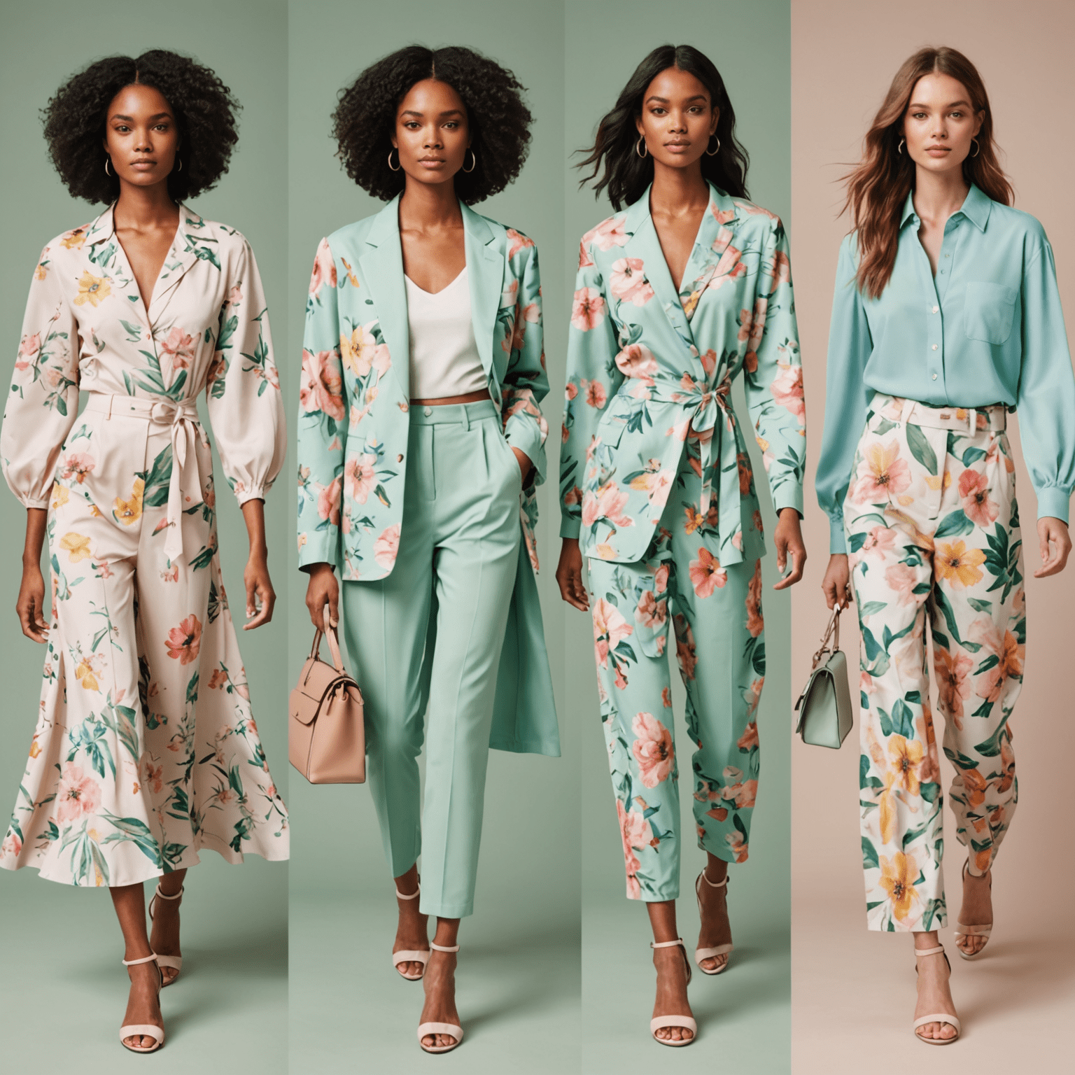 Collage of spring fashion trends featuring pastel colors, floral prints, and lightweight fabrics on models