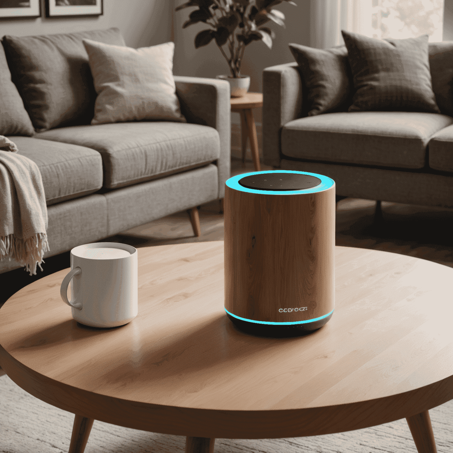 A cylindrical smart speaker with a glowing LED ring, placed on a modern coffee table in a living room setting