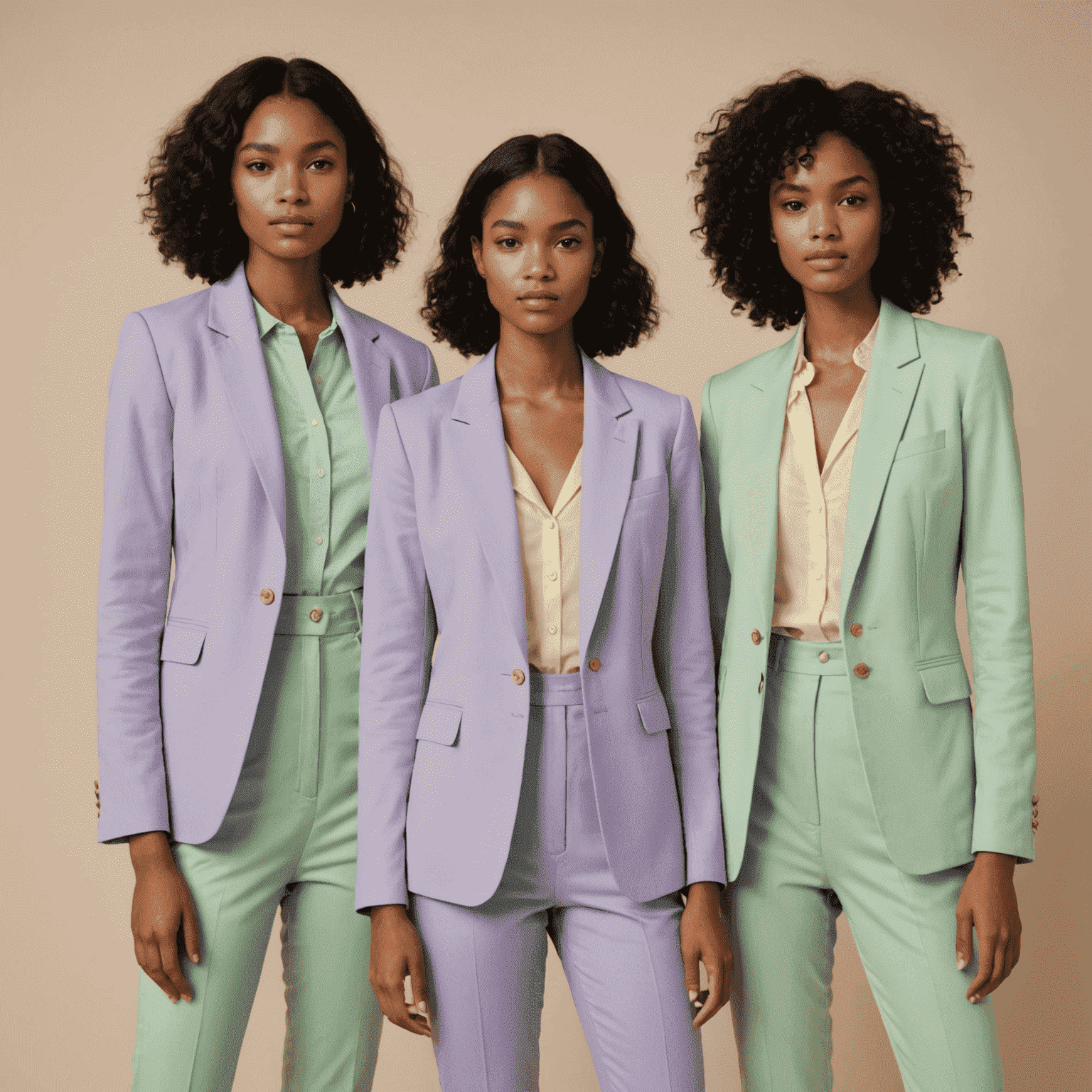 Models wearing various pastel-colored outfits: a lavender blazer, mint green dress, and pale yellow trousers