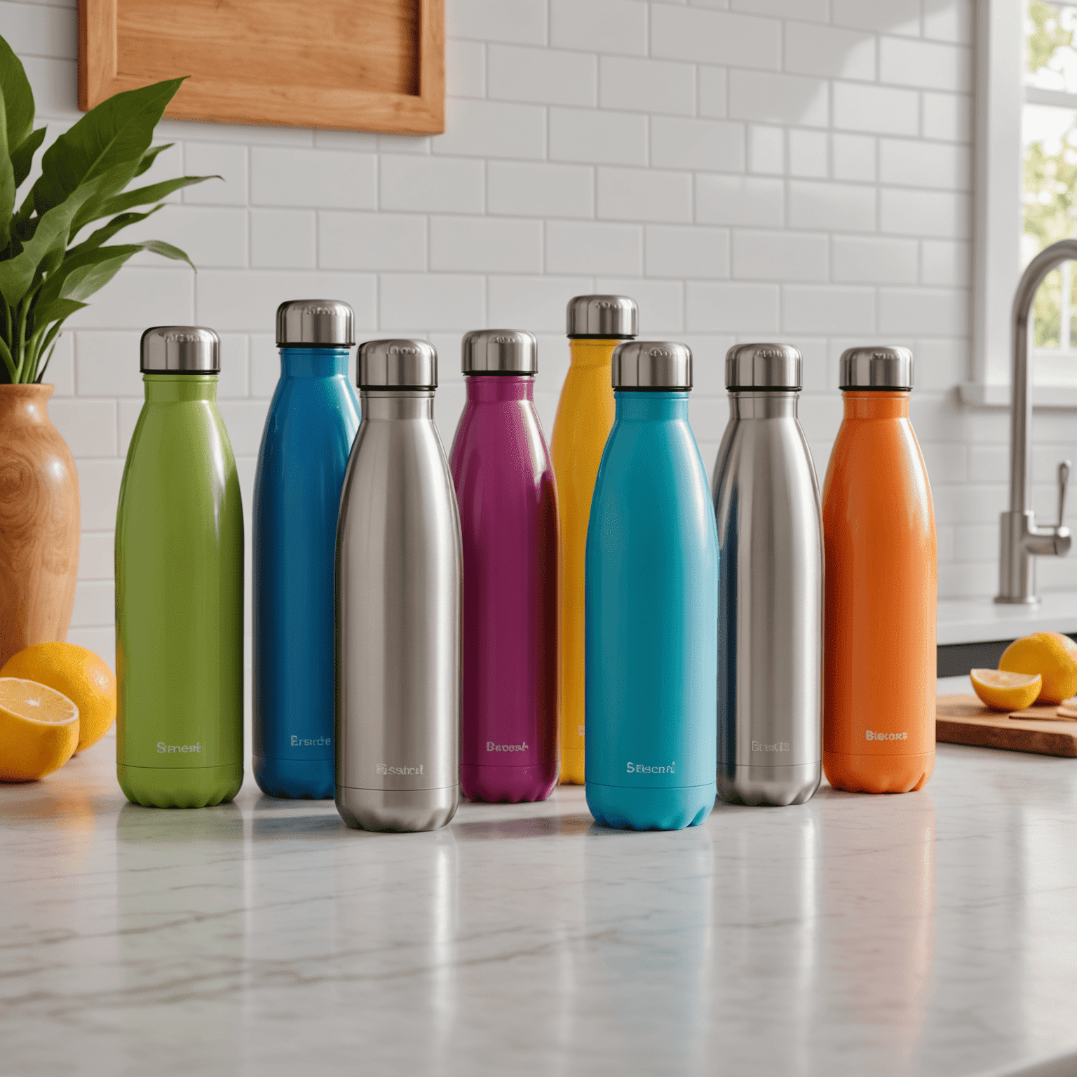 A set of colorful reusable water bottles made from stainless steel, lined up on a kitchen counter
