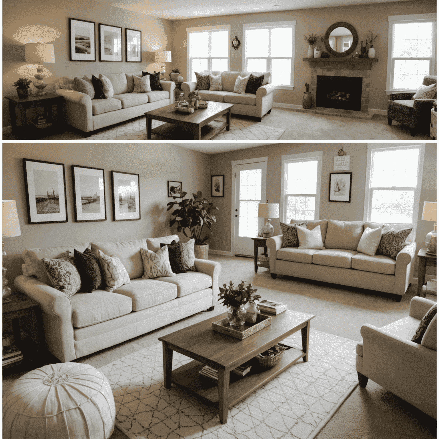 Before and after images of a living room makeover using affordable decor items, showing a transformed space with new throw pillows, wall art, and small furniture pieces