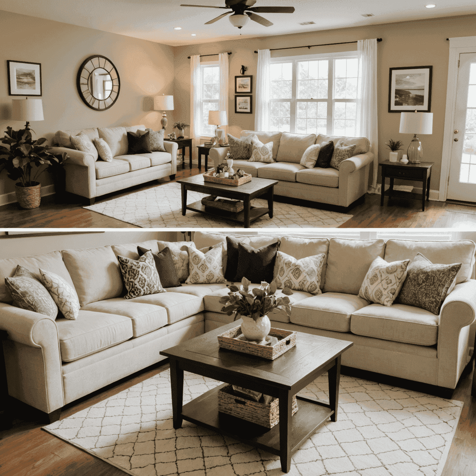Before and after images of a living room makeover using affordable decor items and furniture