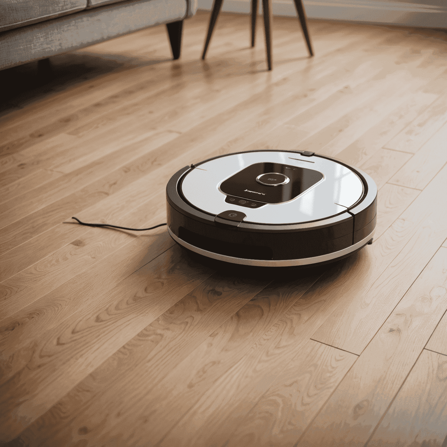 A sleek, low-profile robot vacuum cleaner navigating around furniture legs on a hardwood floor
