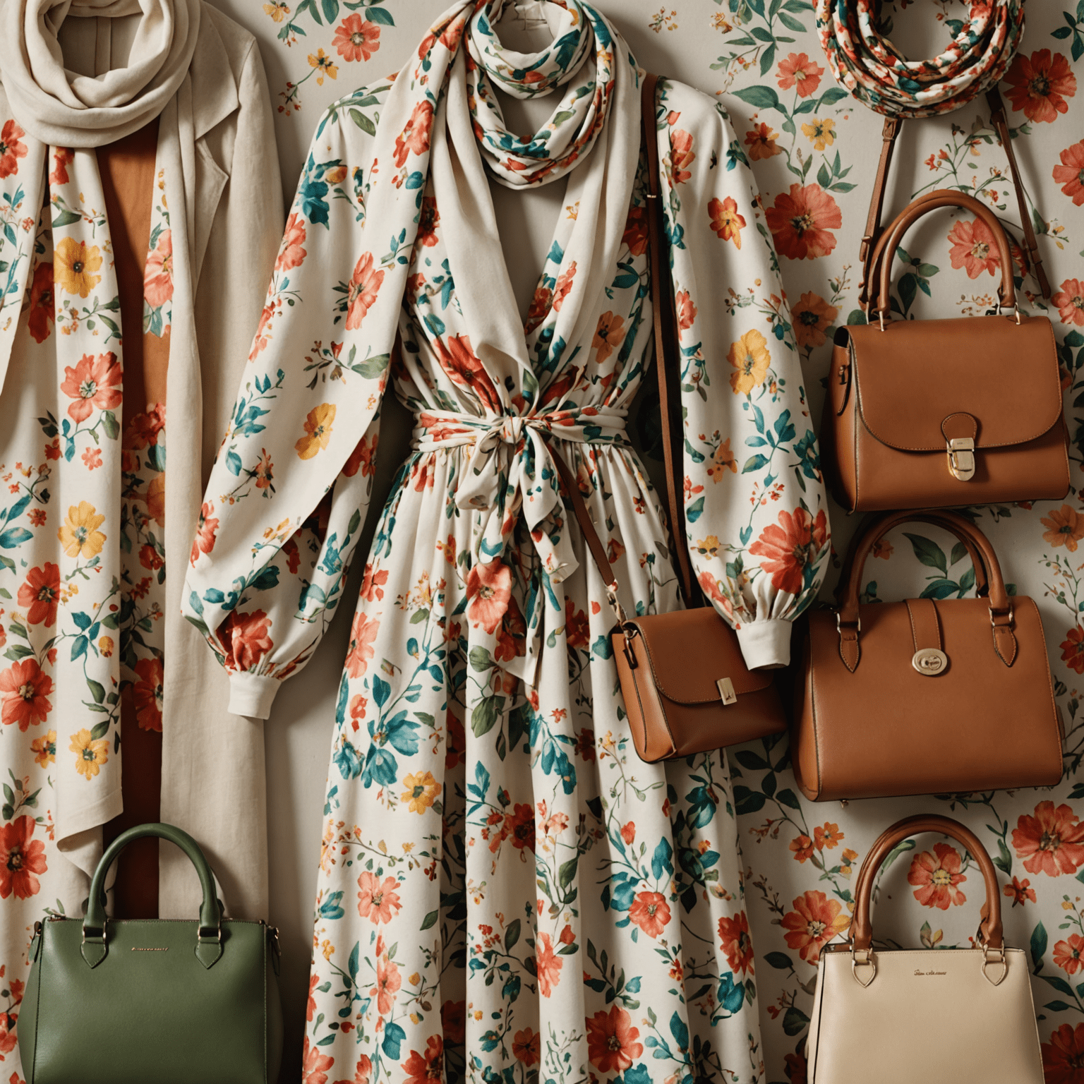 Close-up of various floral print fabrics and accessories, including a maxi dress, handbag, and scarf