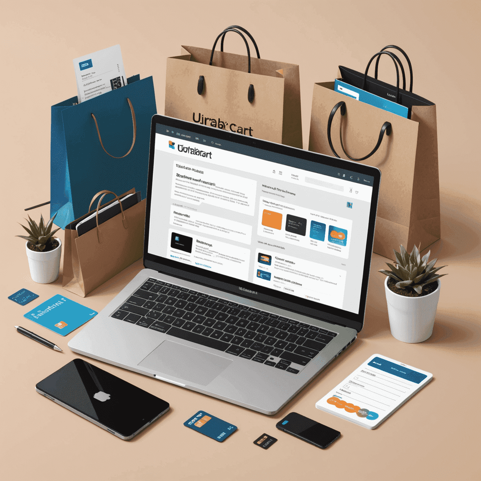 Illustration showing a laptop with UrbanCart website, surrounded by shopping bags, credit cards, and a checklist
