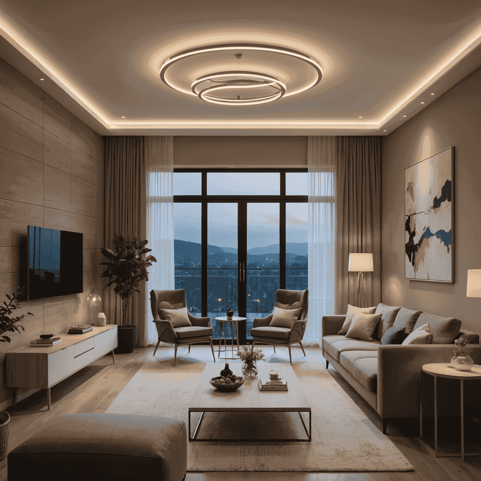 A living room with various smart light bulbs and LED strips creating a warm, customizable ambiance