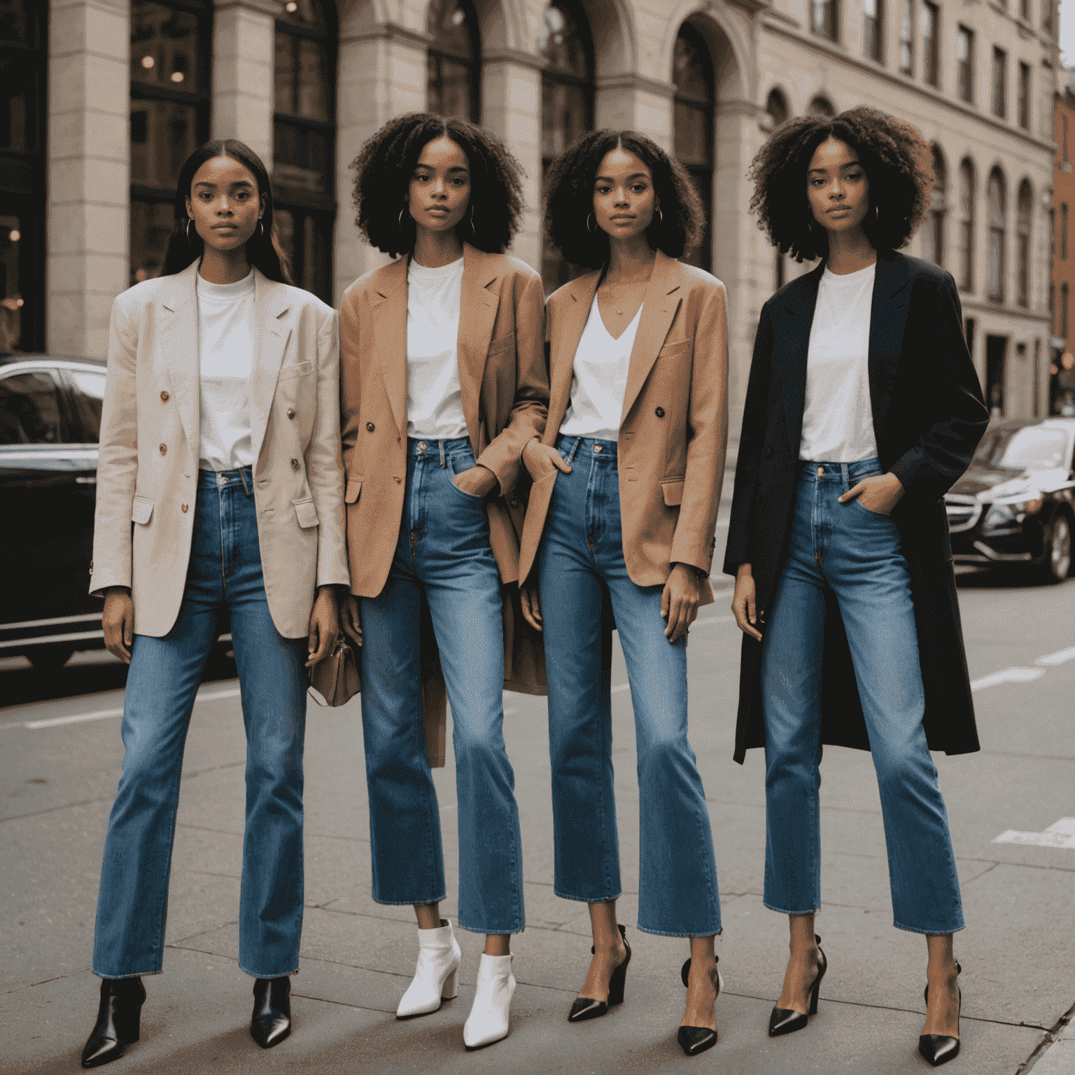 Models showcasing different styles of oversized blazers paired with jeans, dresses, and skirts