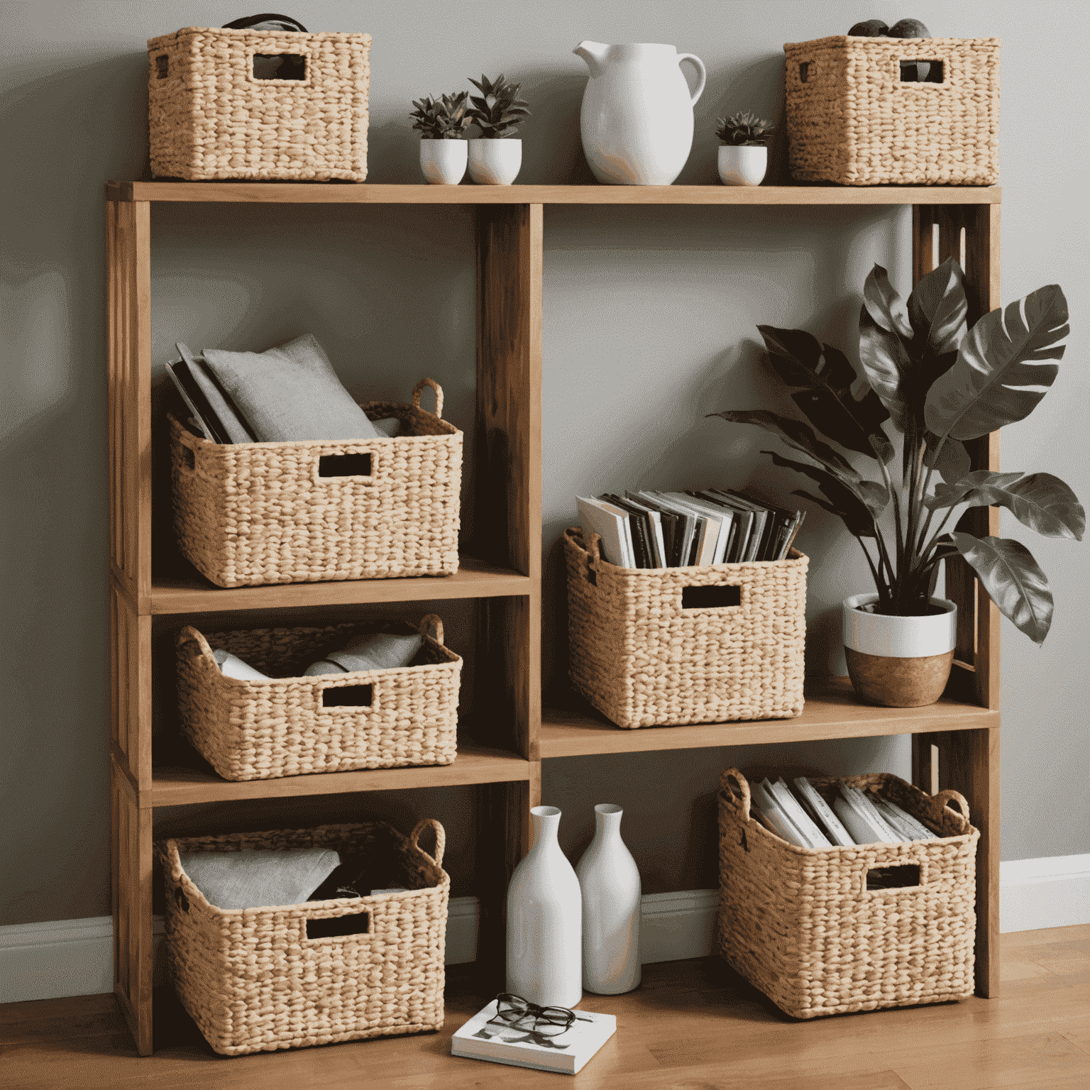 A collection of stylish and affordable storage solutions from UrbanCart, including woven baskets, floating shelves, and modular organizers
