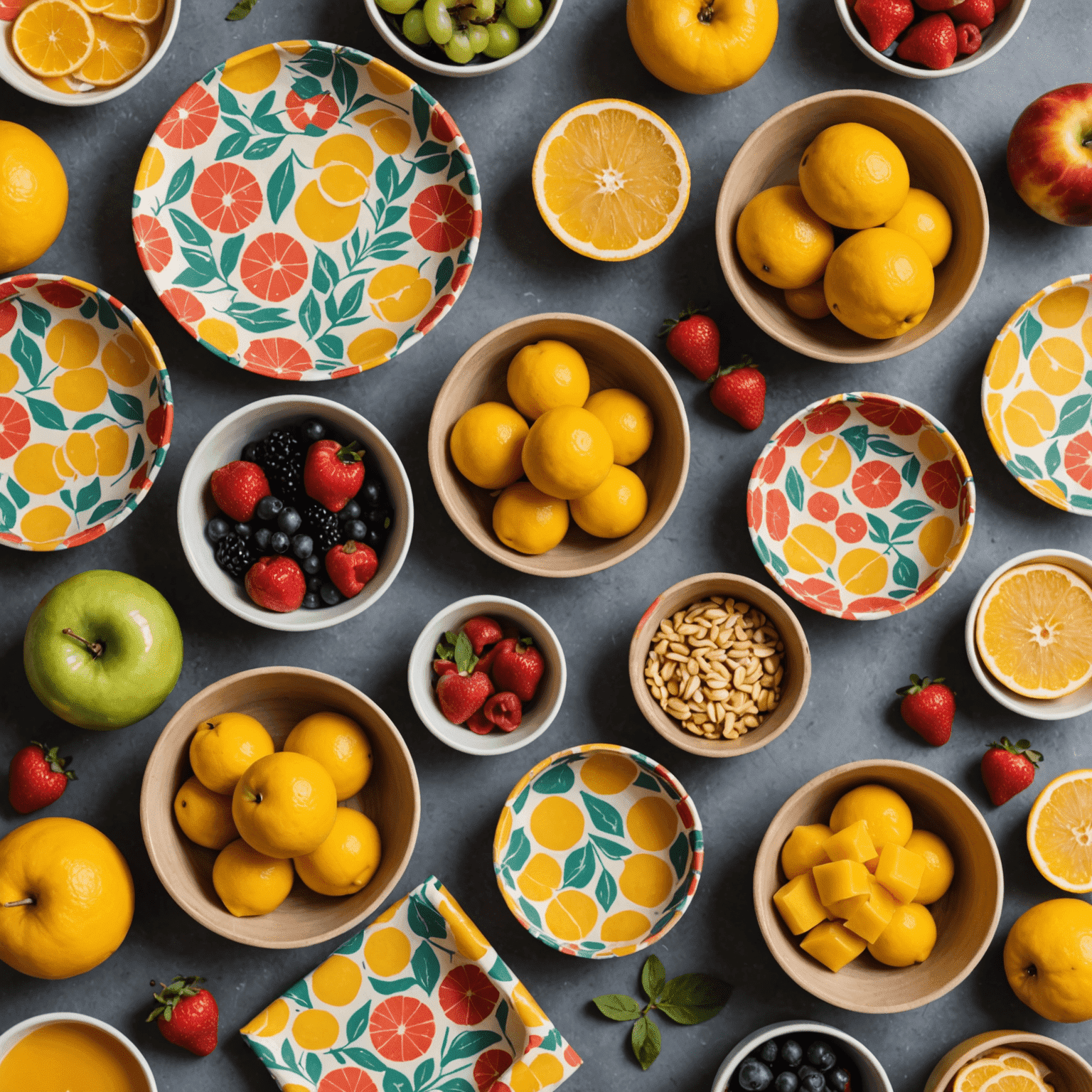 A variety of beeswax food wraps with colorful patterns, draped over bowls and wrapped around fruits