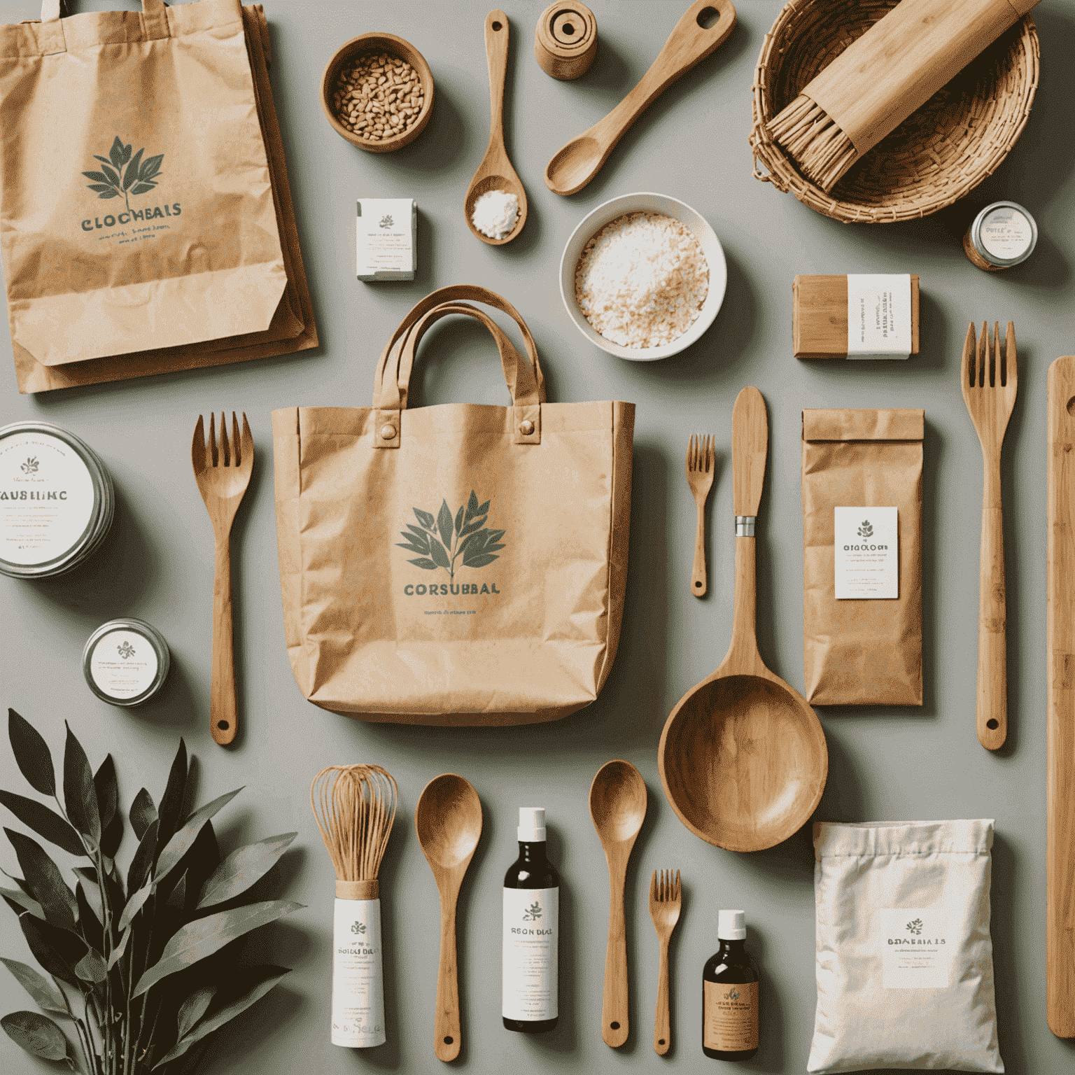 Collection of sustainable products including reusable bags, bamboo utensils, and organic cleaning supplies
