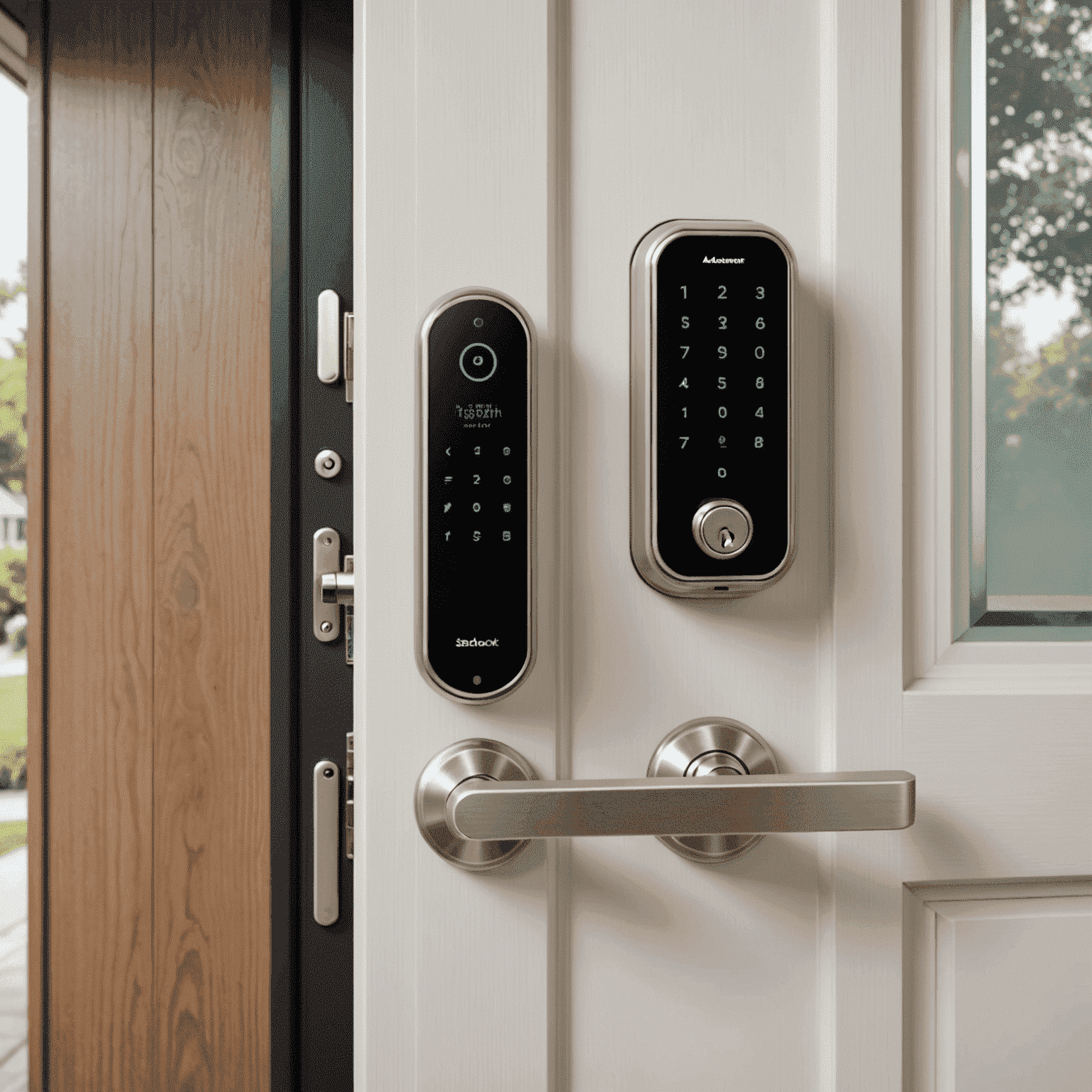 A modern, touchscreen smart door lock installed on a stylish front door