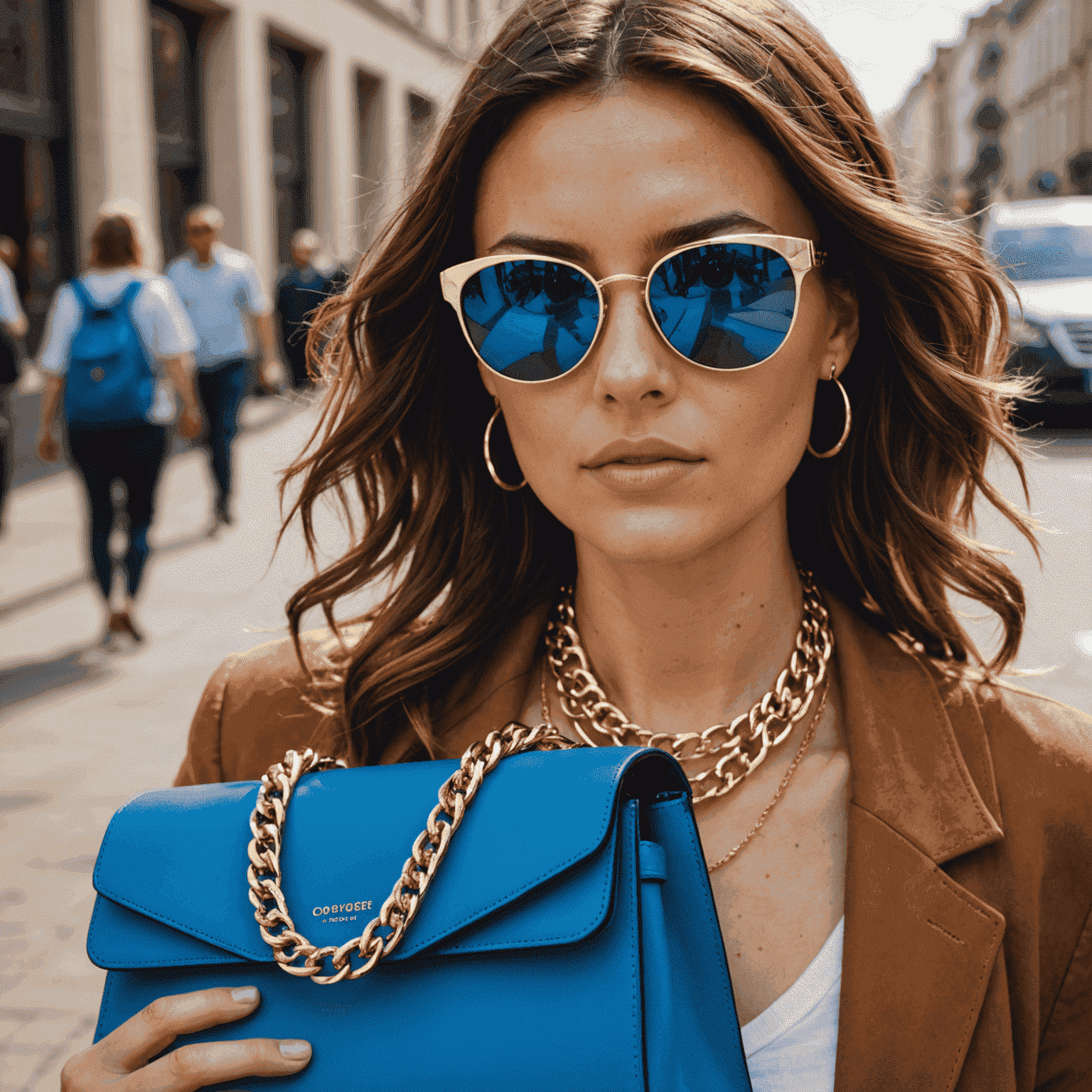 Close-up of trendy accessories: chunky gold chain necklace, vibrant blue handbag, and oversized tortoiseshell sunglasses