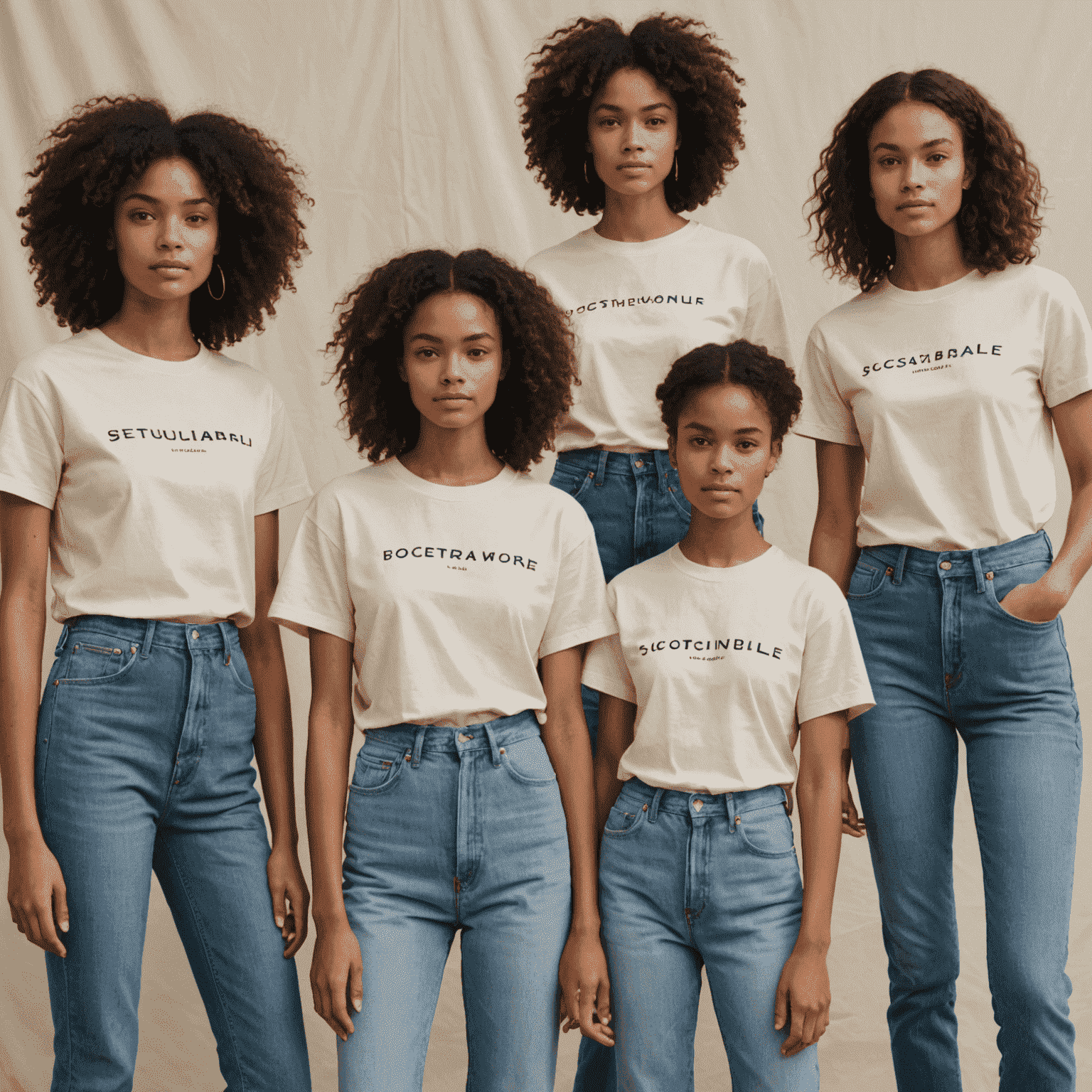 Models wearing sustainable fashion items: organic cotton t-shirts, recycled denim jeans, and accessories made from eco-friendly materials